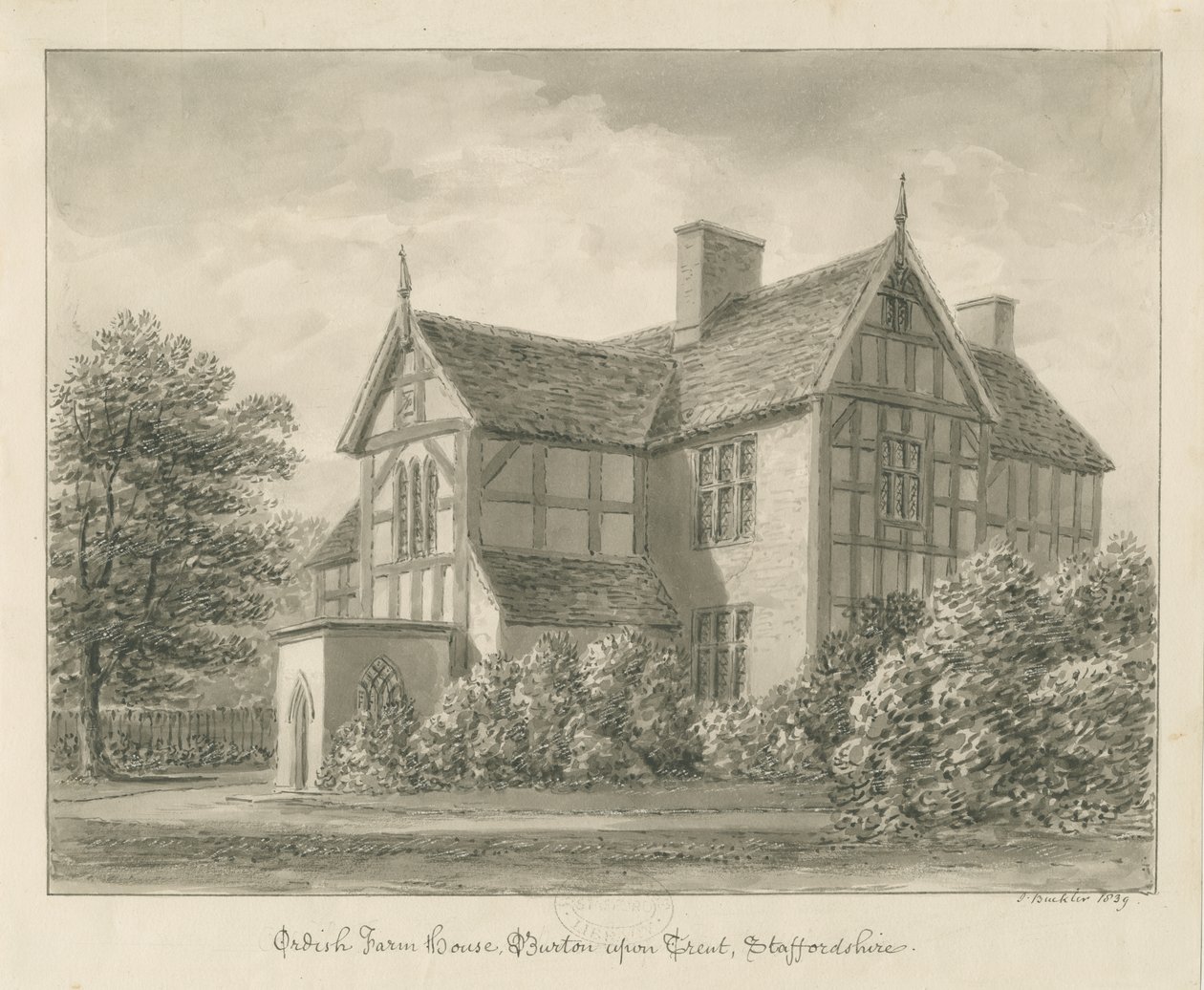 Burton-upon-Trent: Ordish Farm House: szépia rajz, 1839 alkotó: John Buckler