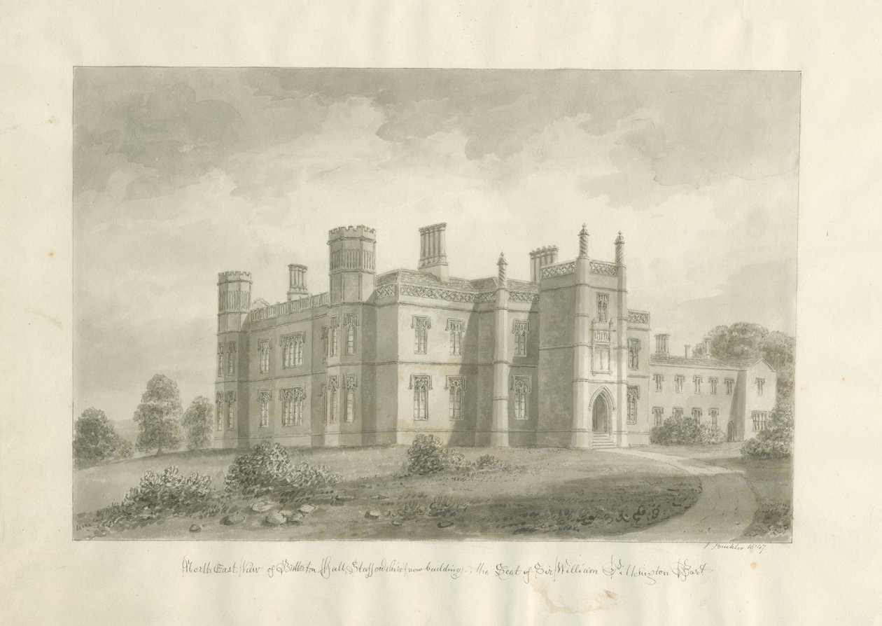 Butterton Hall: szépia rajz alkotó: John Buckler