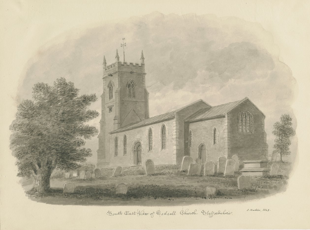 Codsall templom: szépia rajz alkotó: John Buckler