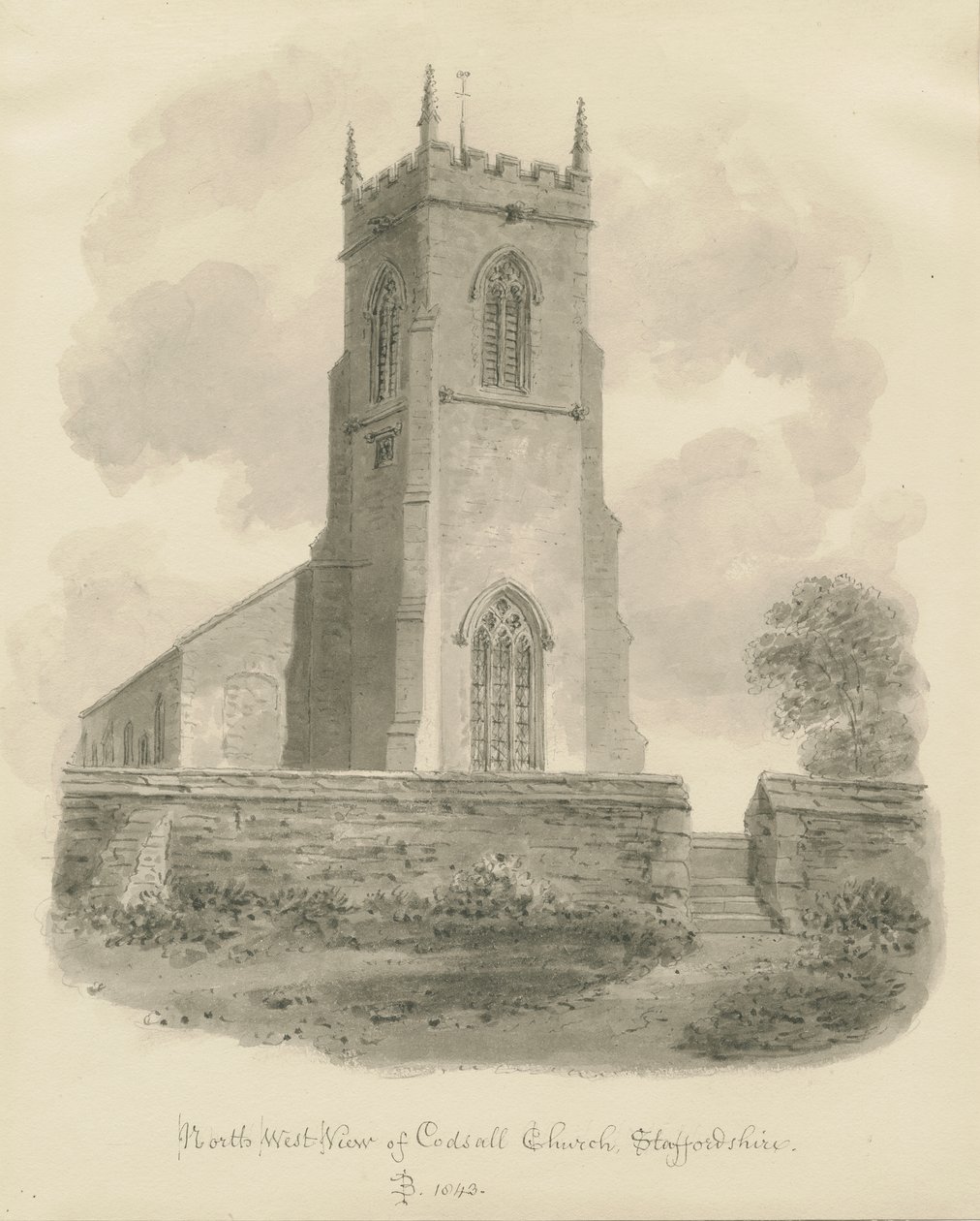 Codsall templom: szépia rajz alkotó: John Buckler