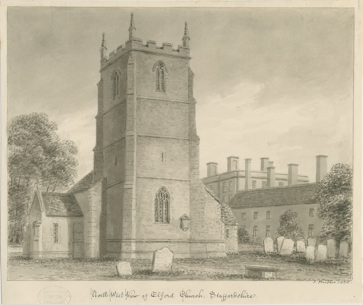 Elford templom: szépia rajz, 1838 alkotó: John Buckler