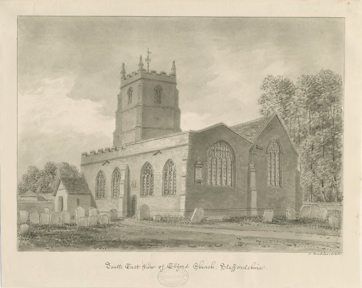 Elford templom: szépia rajz, 1838 alkotó: John Buckler