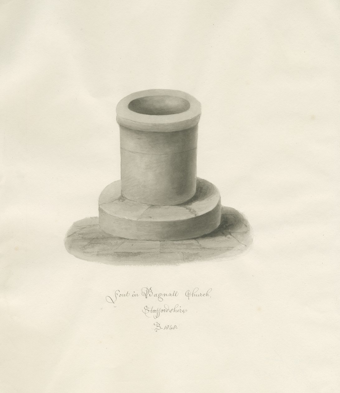 Betűtípus a Bagnall templomban: szépia rajz alkotó: John Buckler