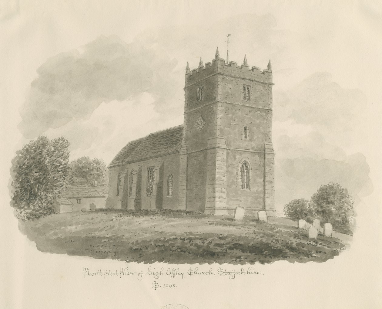 High Offley templom: szépia rajz, 1843 alkotó: John Buckler
