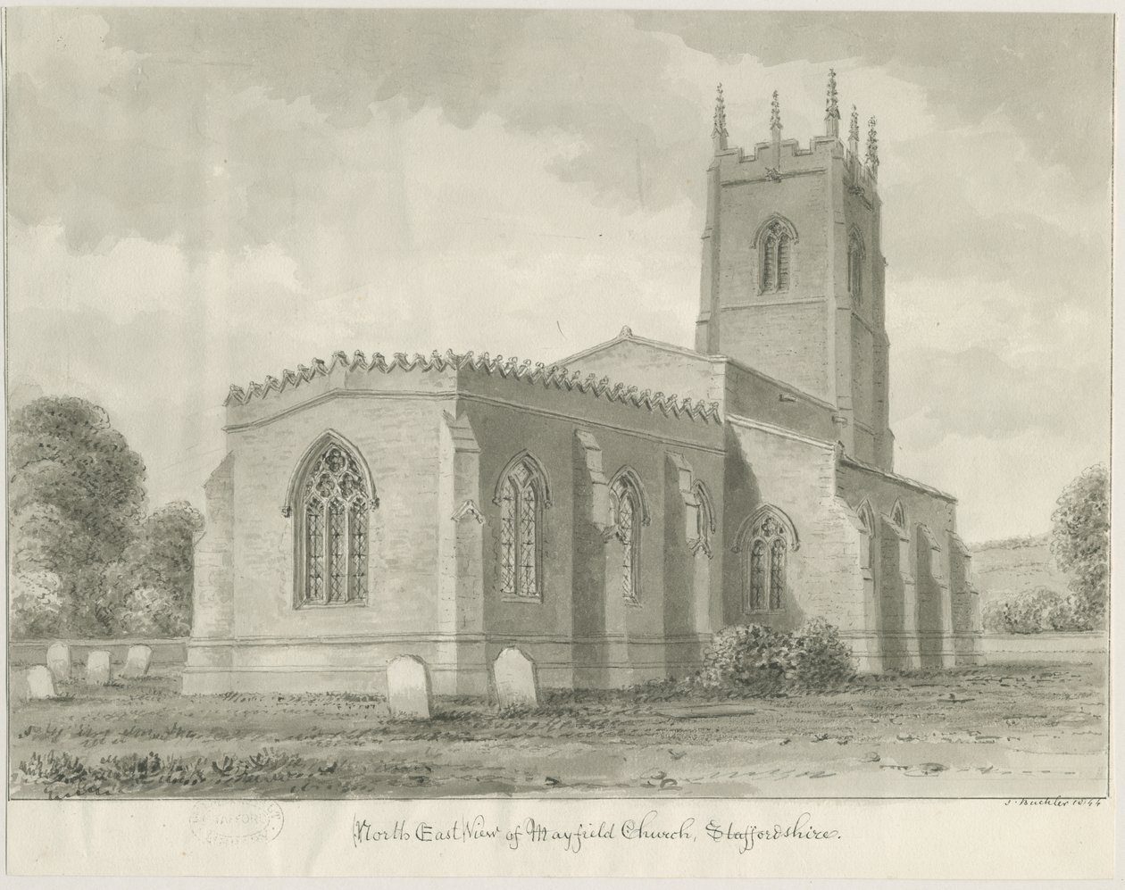 Mayfield templom: szépia rajz, 1844 alkotó: John Buckler