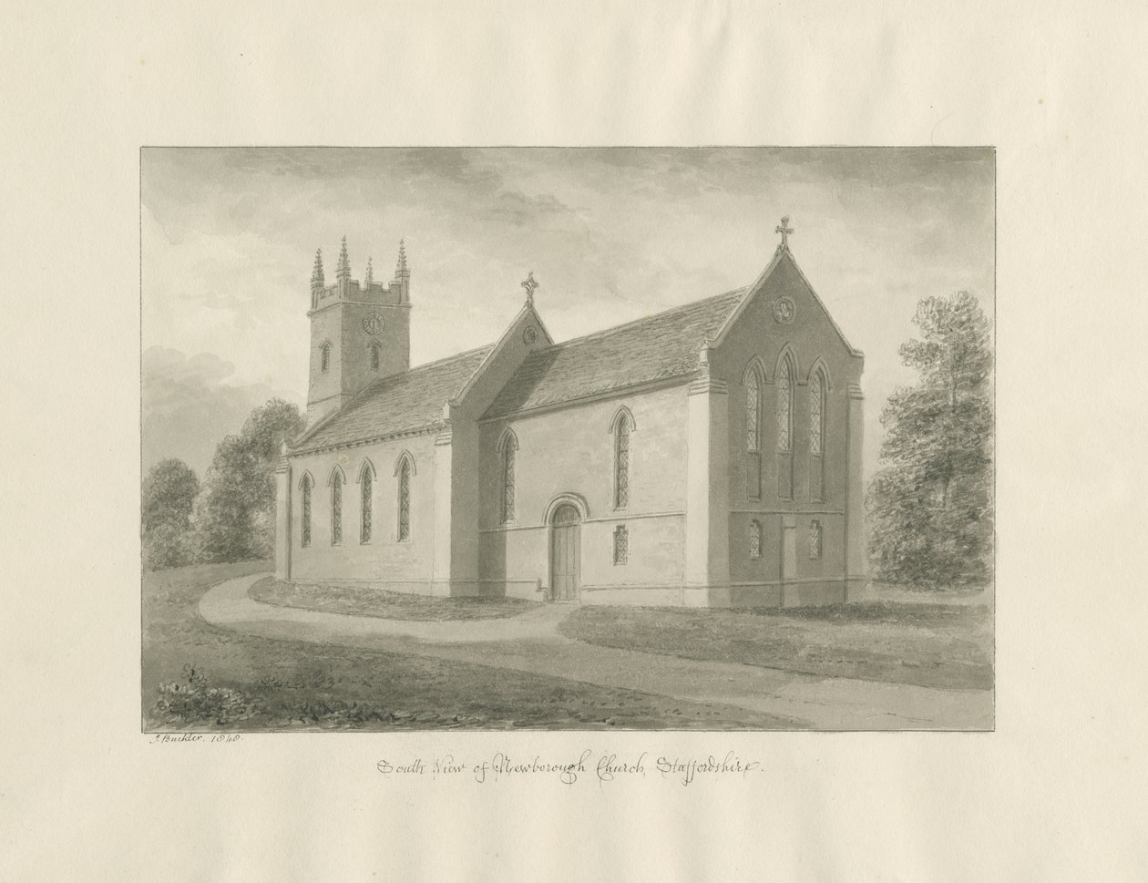 Newborough templom: szépia mosás rajz alkotó: John Buckler