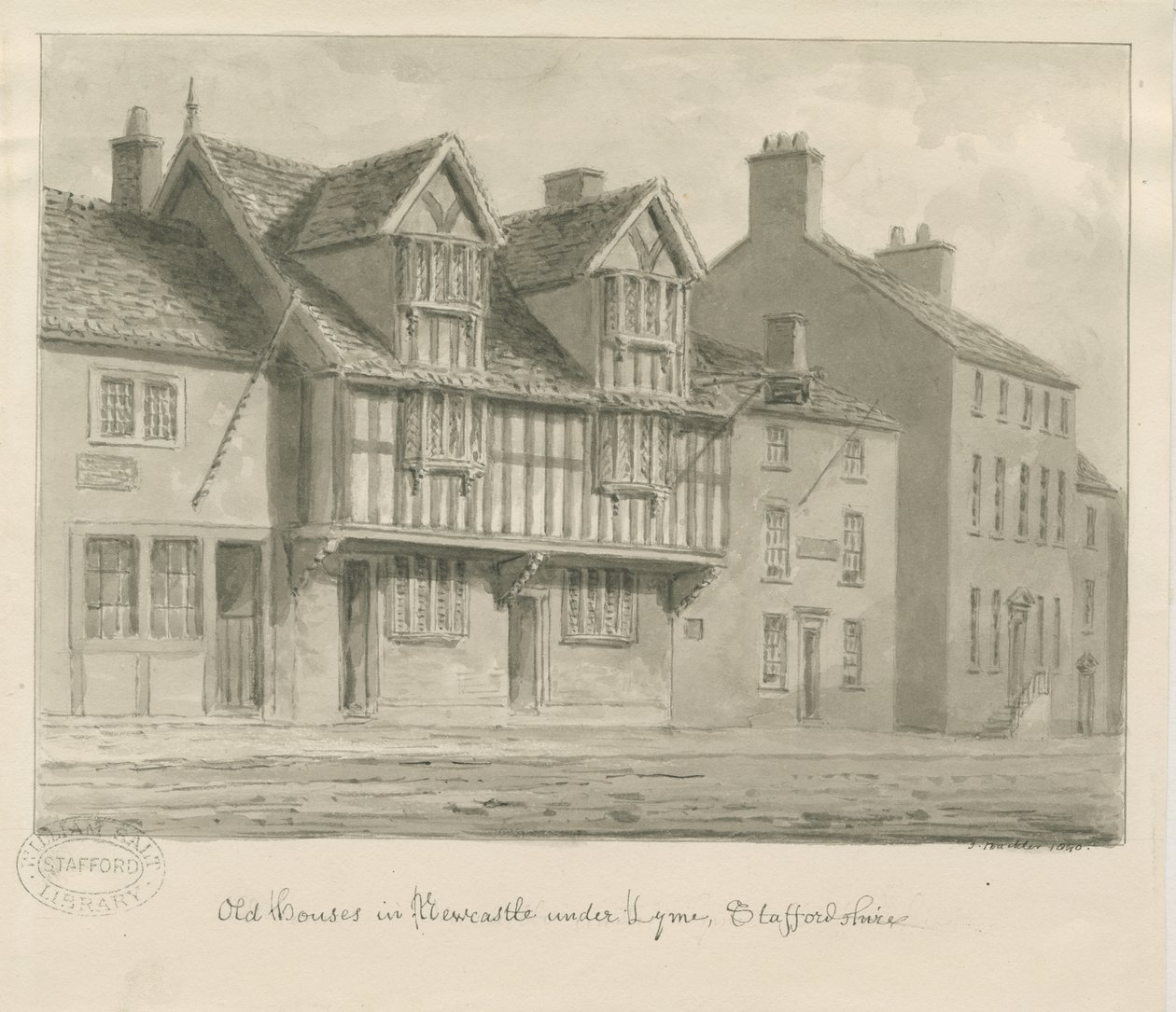 Newcastle-under-Lyme – Régi házak: szépia rajz, 1840 alkotó: John Buckler