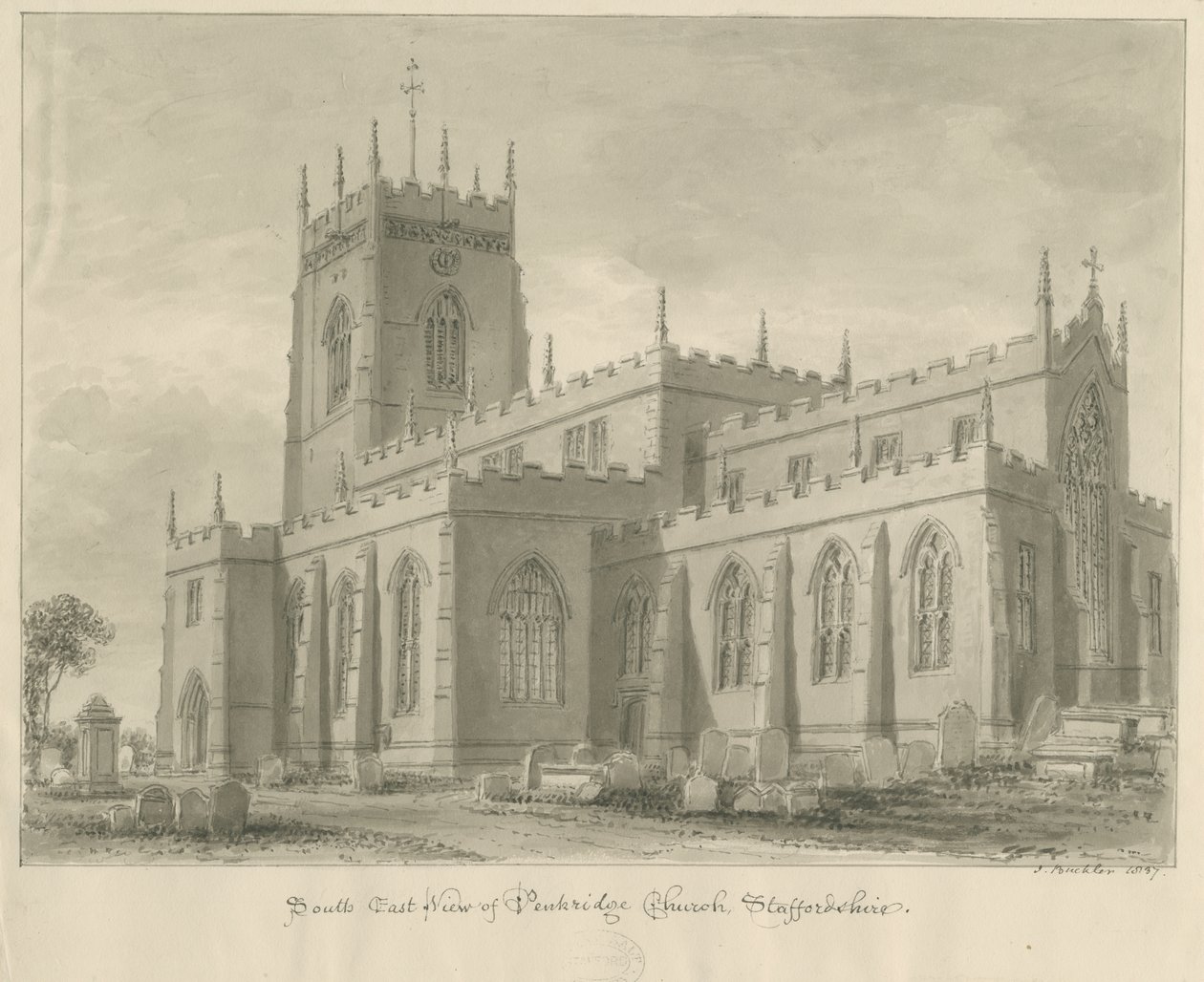 Penkridge templom: szépia rajz alkotó: John Buckler
