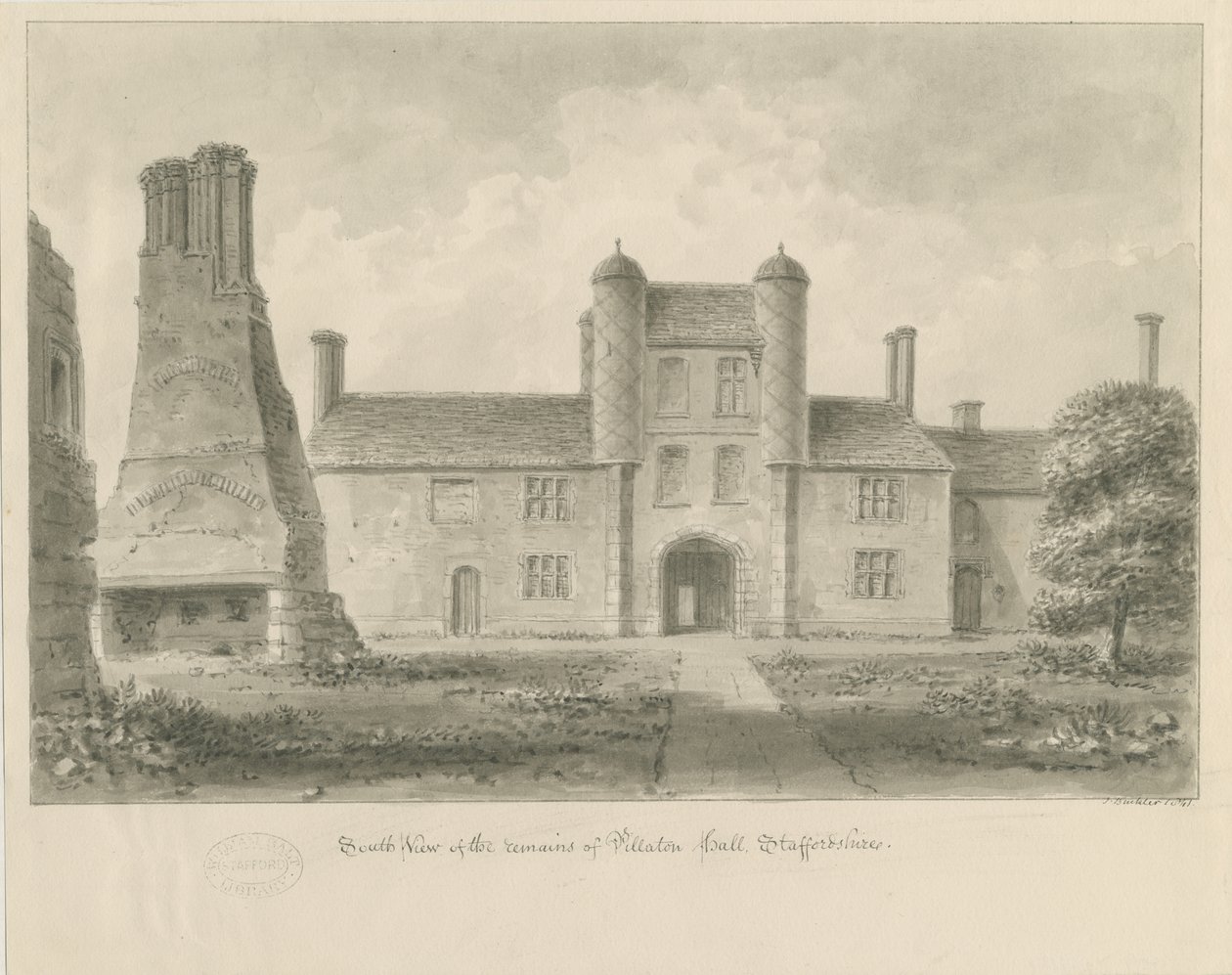 Pillaton Hall: szépia rajz alkotó: John Buckler
