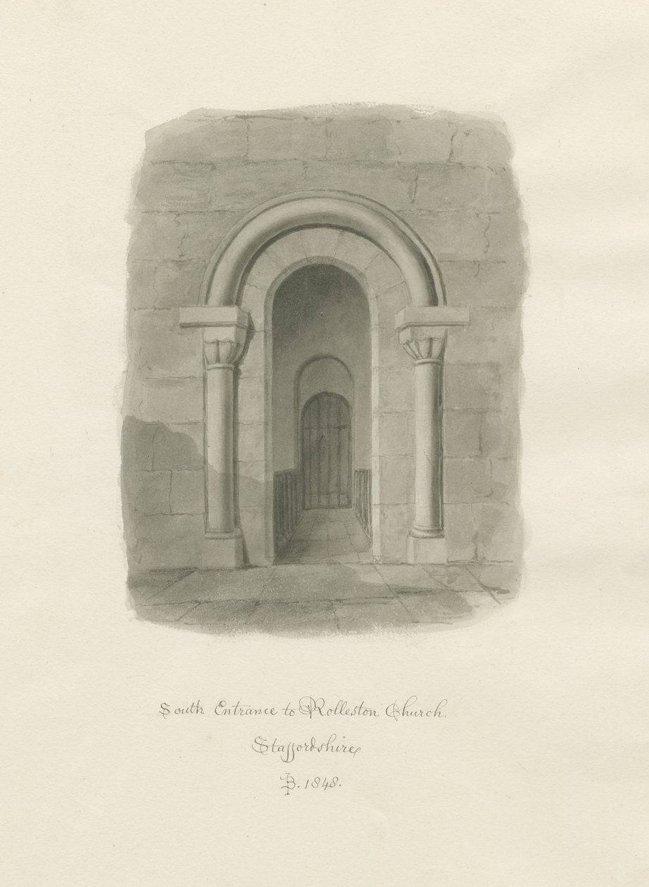 Rolleston templom - Déli bejárat: szépia rajz alkotó: John Buckler
