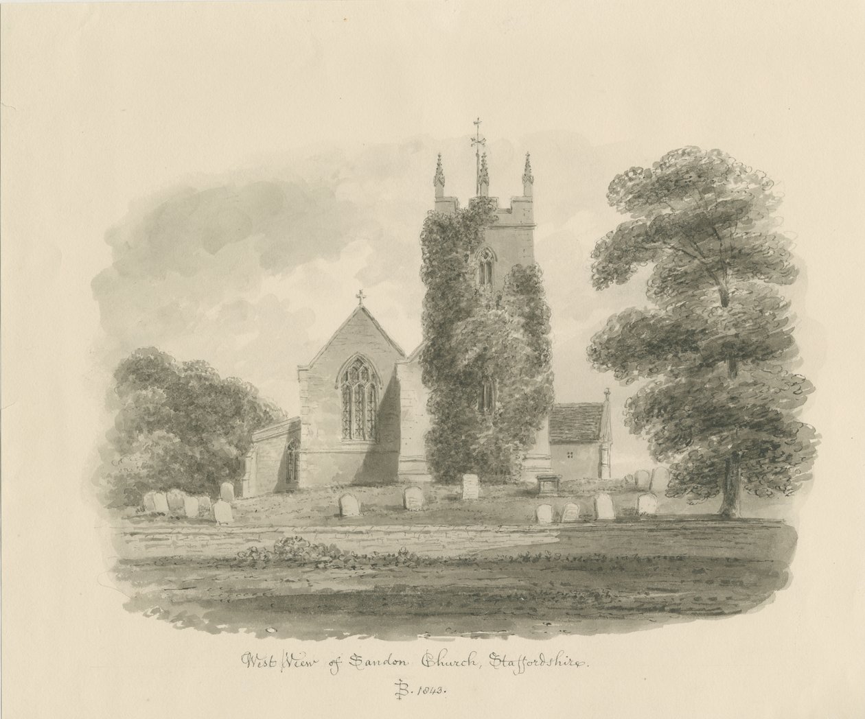 Sandon templom: szépia rajz, 1843 alkotó: John Buckler