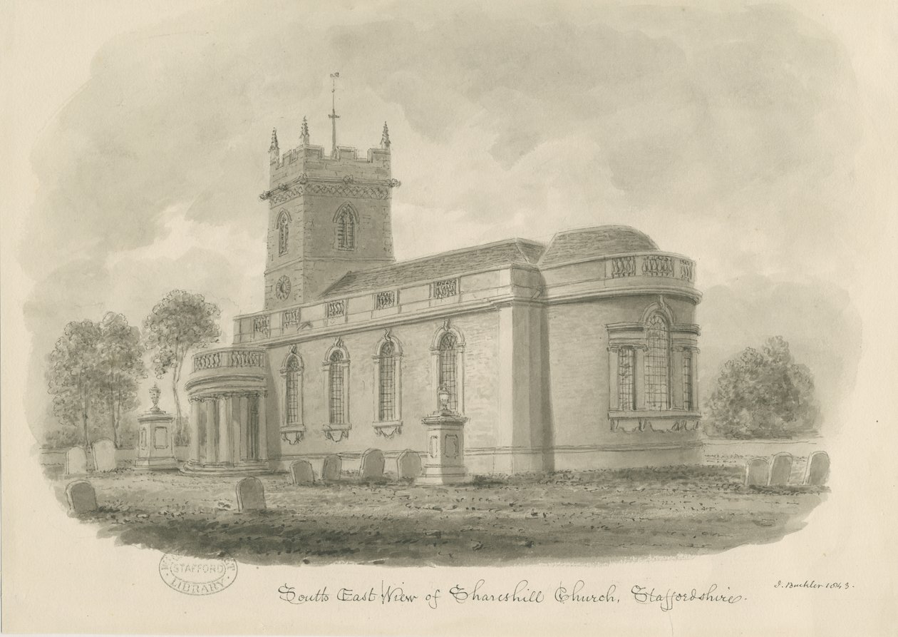Shareshill templom: szépia rajz, 1843 alkotó: John Buckler