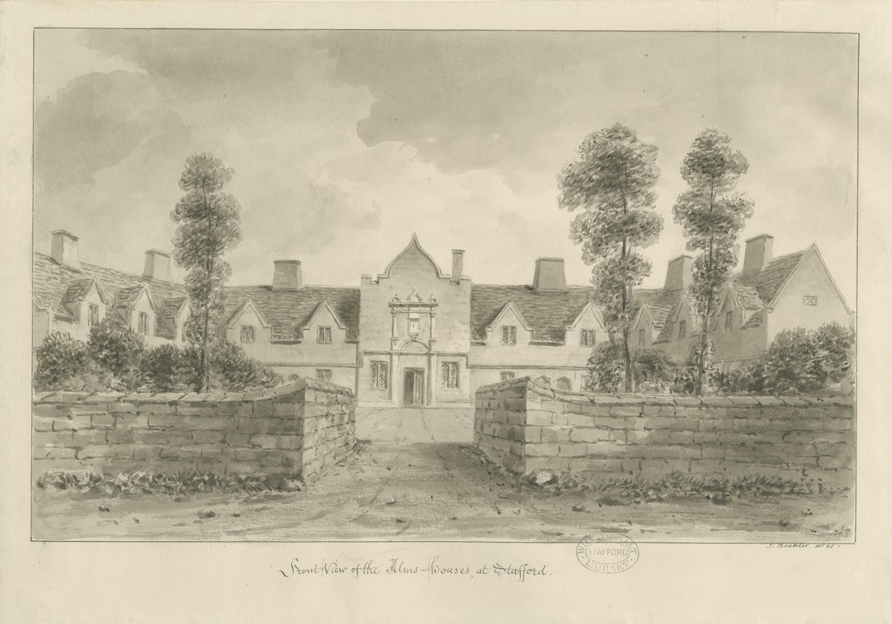 Stafford - Alms Houses: szépia rajz alkotó: John Buckler