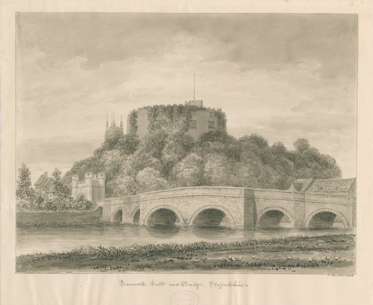 Tamworth kastély és híd: szépia rajz alkotó: John Buckler