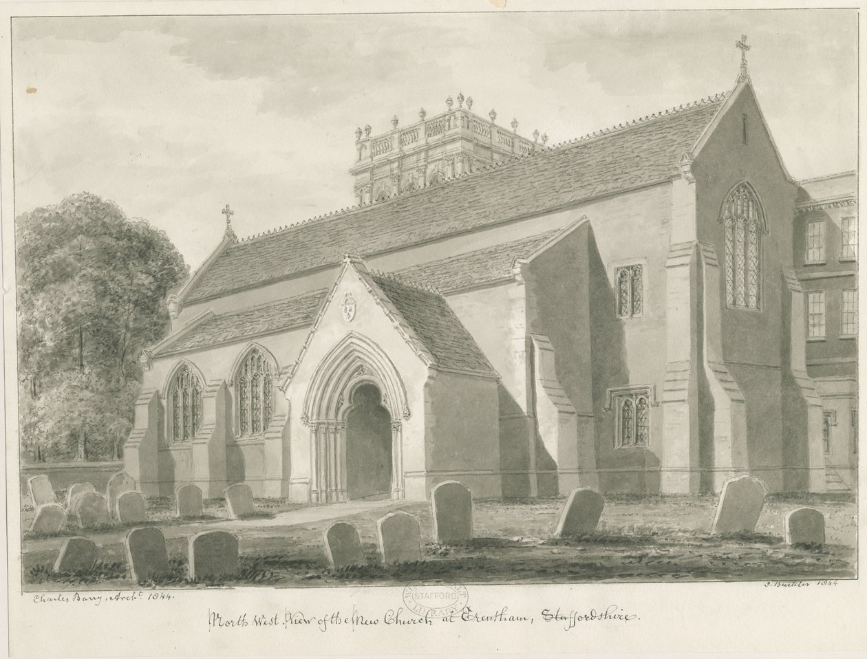 Trentham – Új templom: szépia rajz, 1844 alkotó: John Buckler