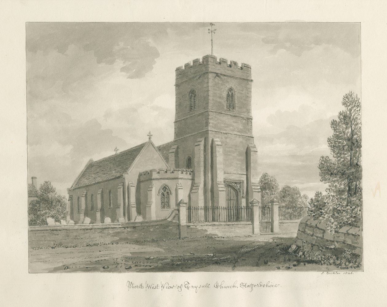 Trysull templom: szépia mosás rajz, 1846 alkotó: John Buckler
