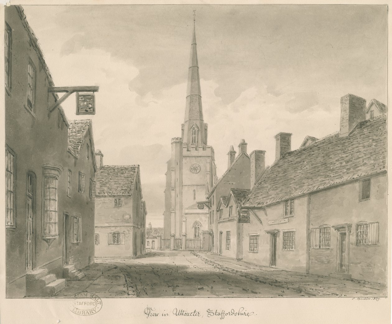 Uttoxeter Town – Street View: szépia rajz alkotó: John Buckler