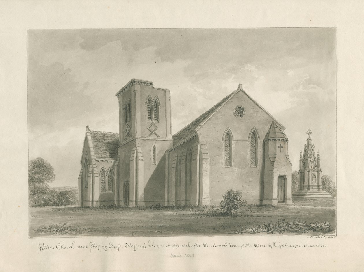 Walton-on-the-Hill templom: szépia mosás rajza, 1844 alkotó: John Buckler