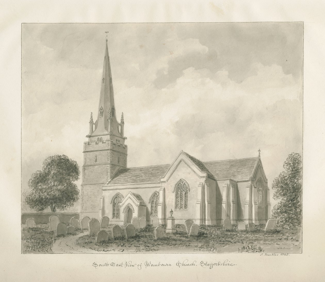 Wombourne templom: szépia rajz, 1845 alkotó: John Buckler