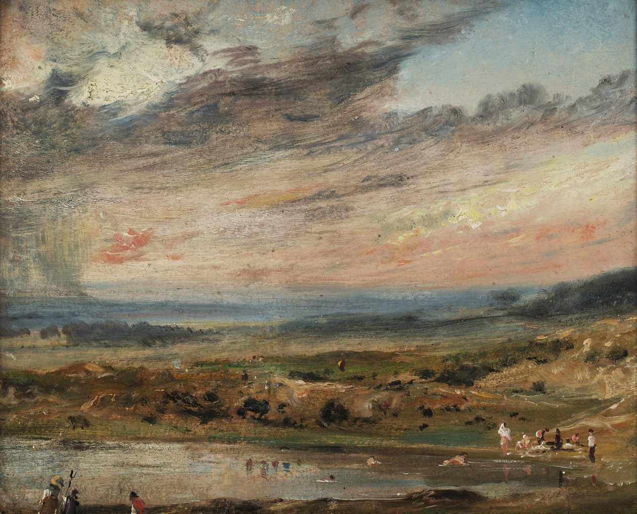 Hampstead Heath, tóval és fürdőzőkkel alkotó: John Constable