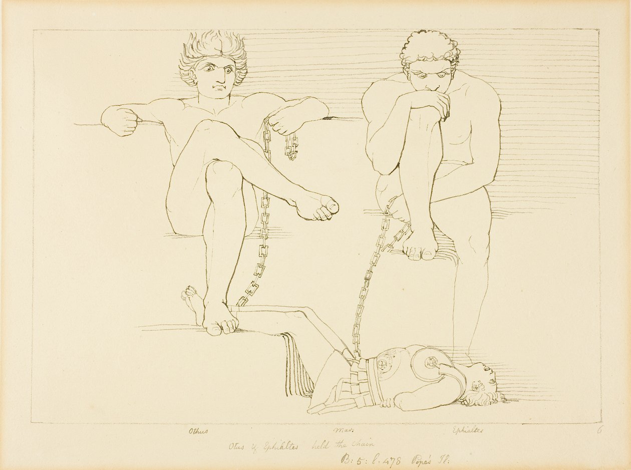Othus és Ephialtes fogva tartja Ares-t alkotó: John Flaxman