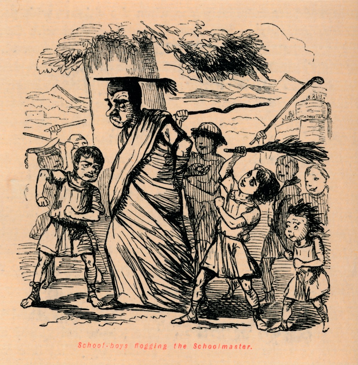 Iskolás fiúk megkorbácsolják az iskolamestert, 1852 alkotó: John Leech