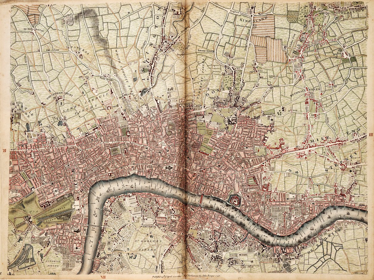Islington, Westminster, City és Southwark térképe alkotó: John Rocque