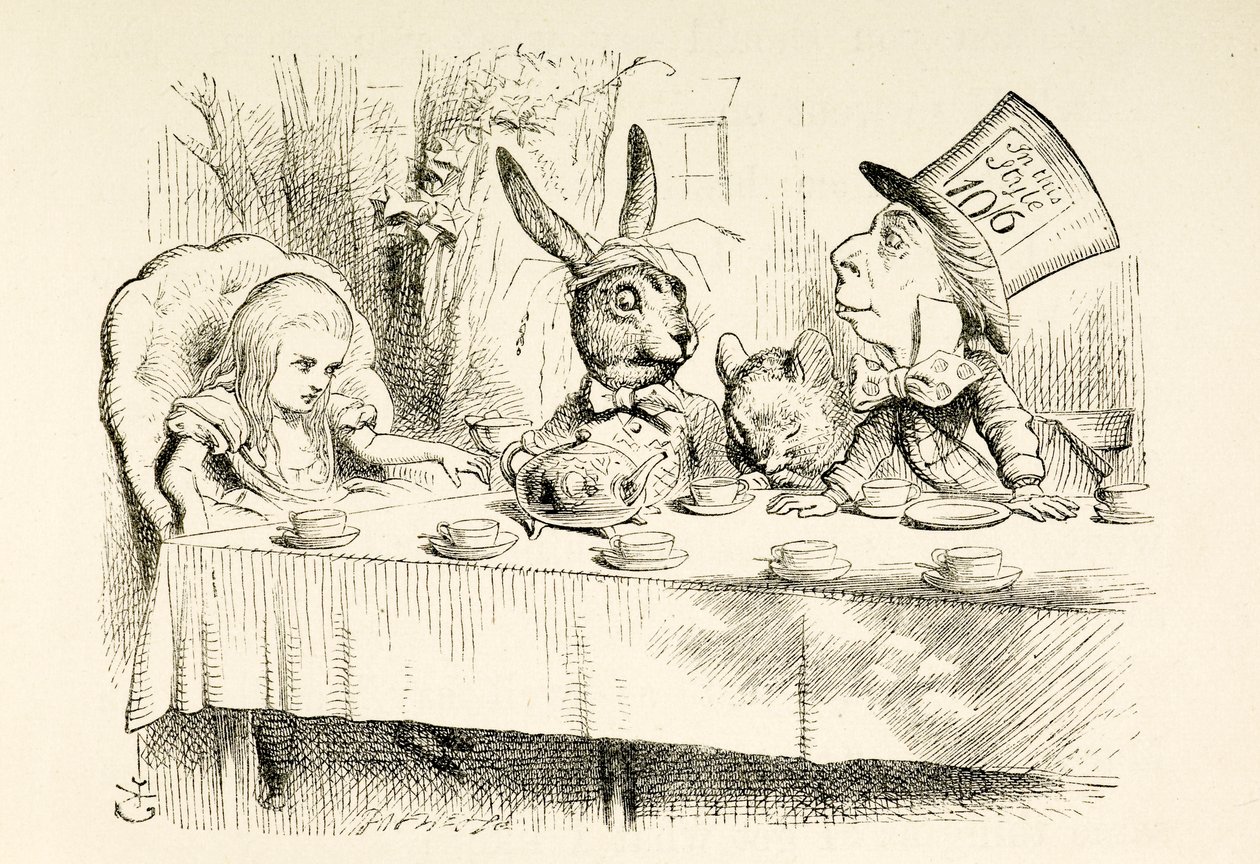 Alice a Mad Hatter teapartiján. alkotó: John Tenniel