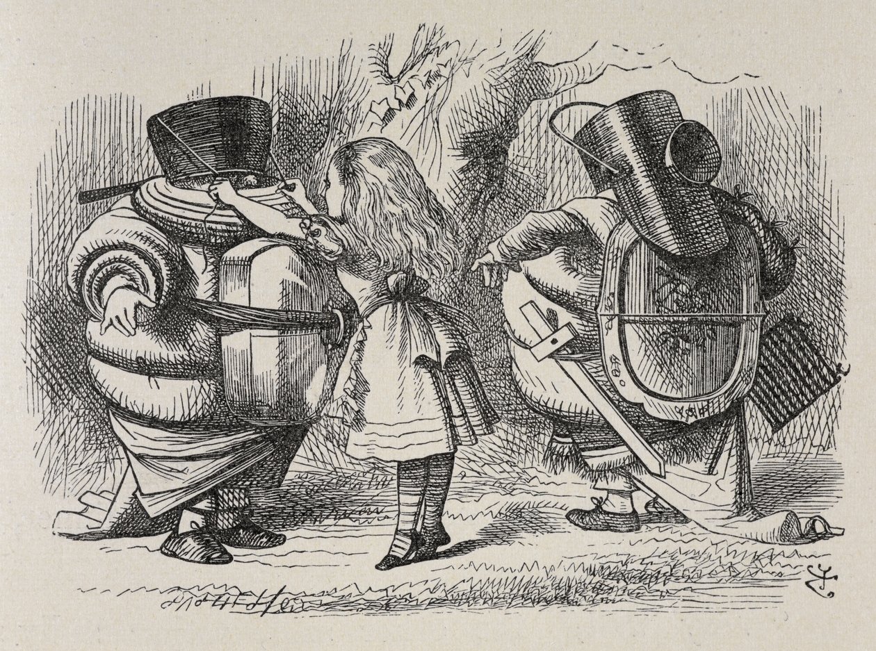 Alice felöltözteti Tweedledee-t és Tweedledumot. alkotó: John Tenniel