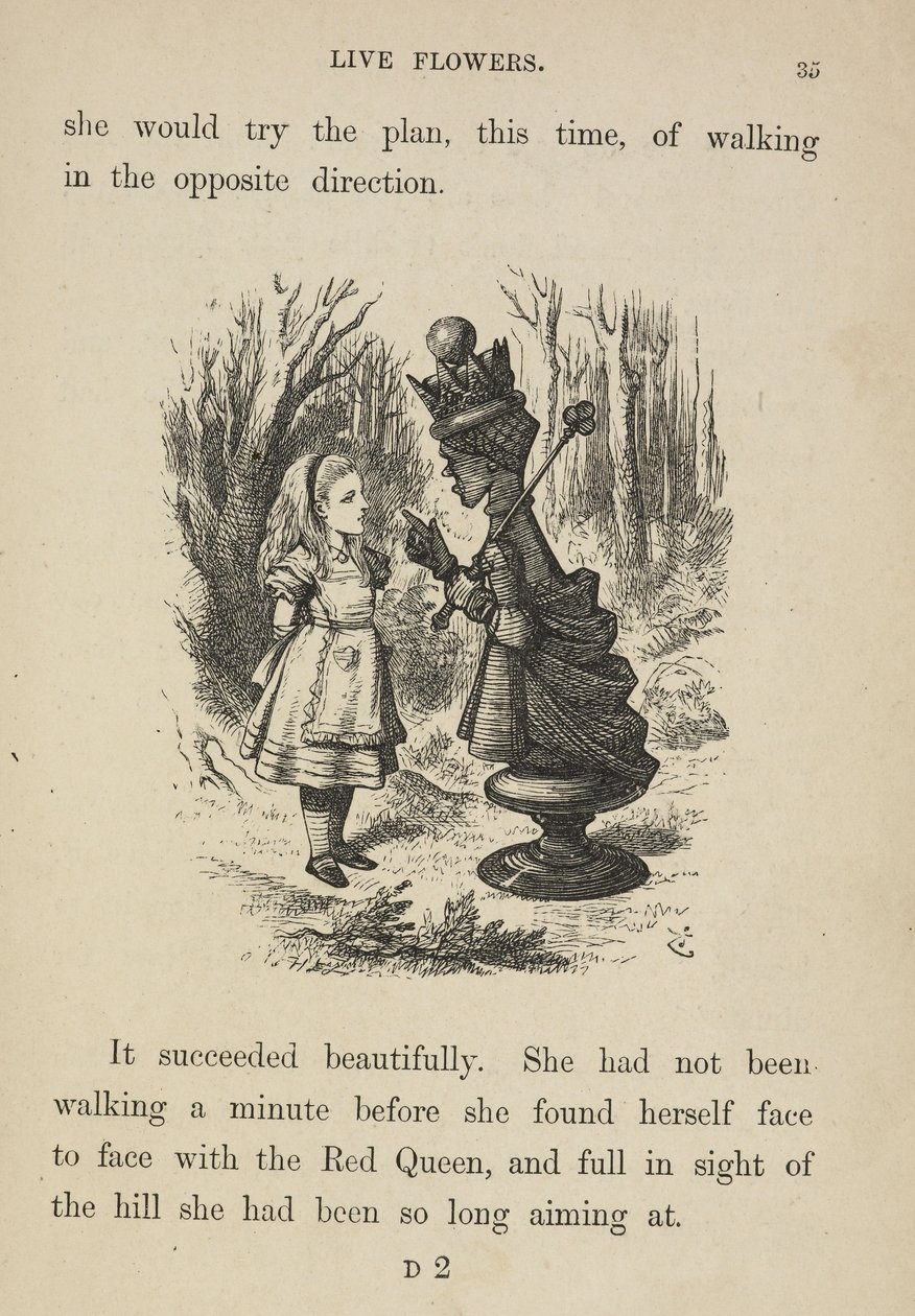 Alice a Vörös Királynővel szemben. alkotó: John Tenniel
