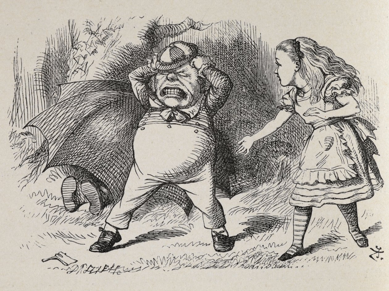 Alice Angry Tweedledummal és bujkáló Tweedledee-vel. alkotó: John Tenniel