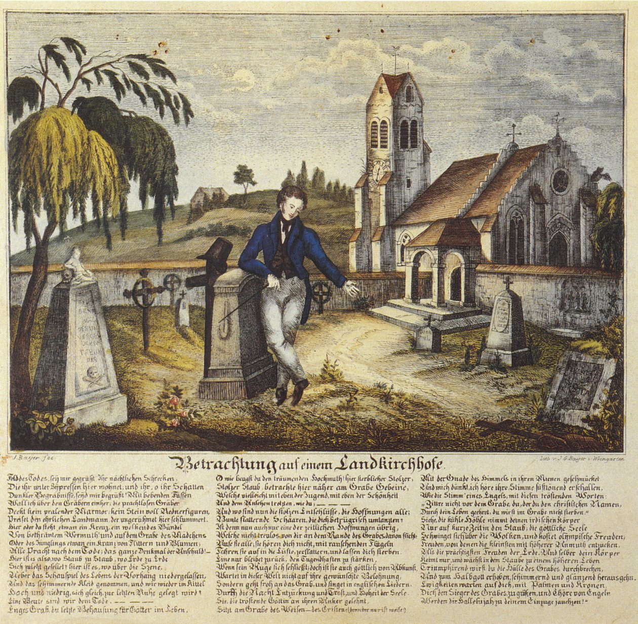 Szemlélődés a vidéki templomkertben, áhítatos kép imaszöveggel, Josef Bayer rajza alkotó: Joseph Bayer