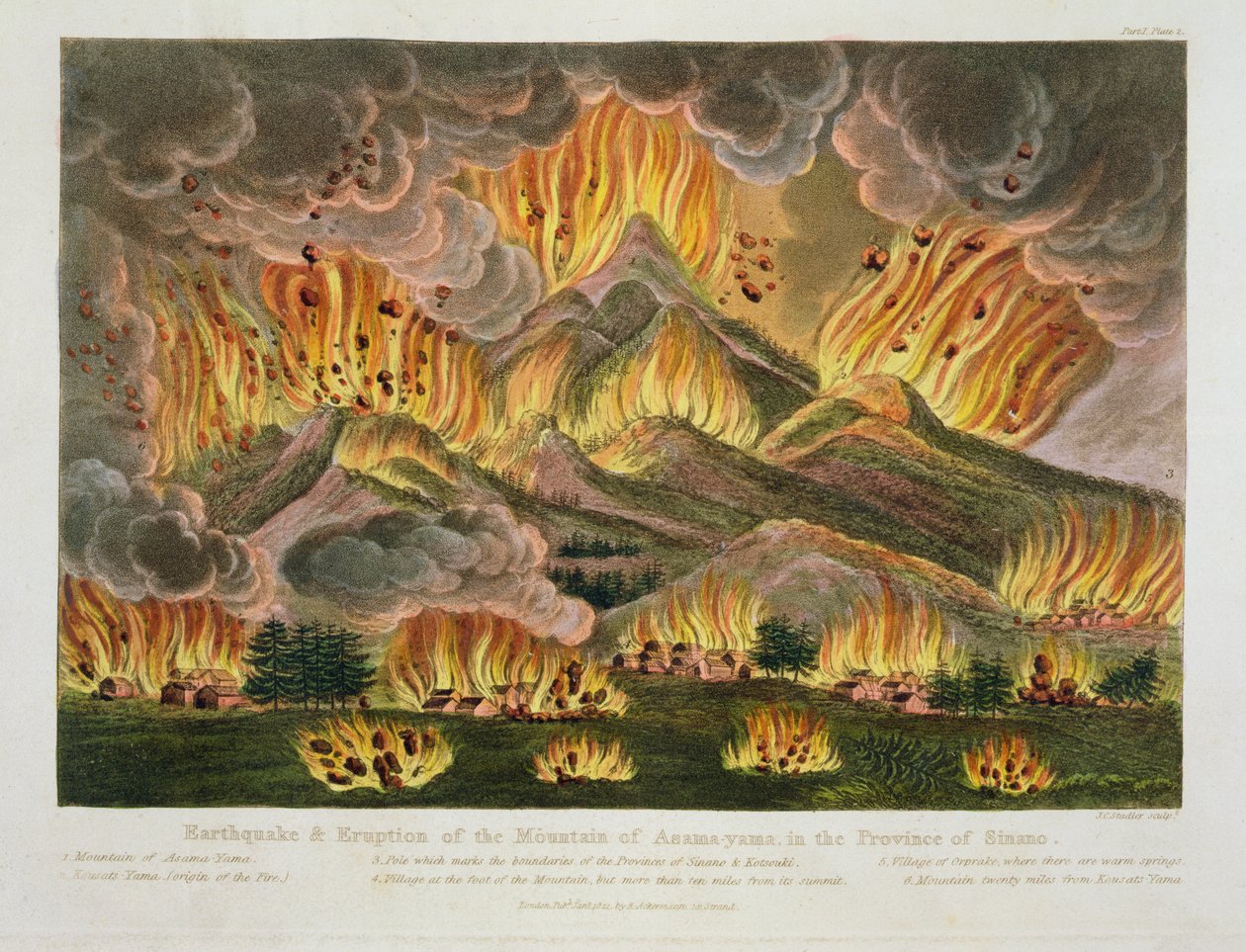 Földrengés és Asama-yama hegy kitörése, Sinano tartományban, Isaac Titsingh (1740-1812 körül) „Japán illusztrációi” című művéből, Londonban, 1822-ben. alkotó: Joseph Constantine Stadler