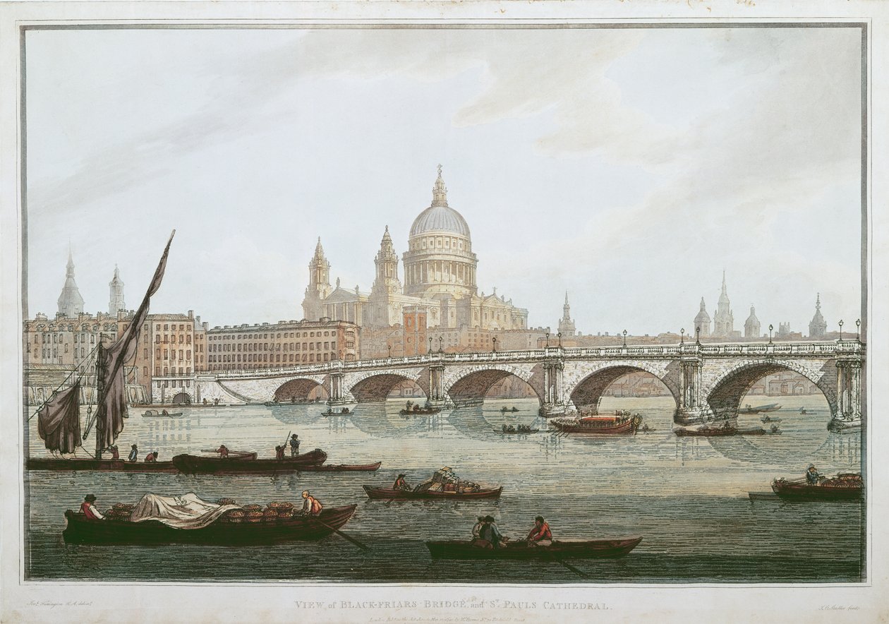 Kilátás a Blackfriars-hídra és a Szent Pál-székesegyházra, J. C. Stadler (fl.1780-1812) metszete, pub. 1790, William Byrne (akvatinta) alkotó: Joseph Farington