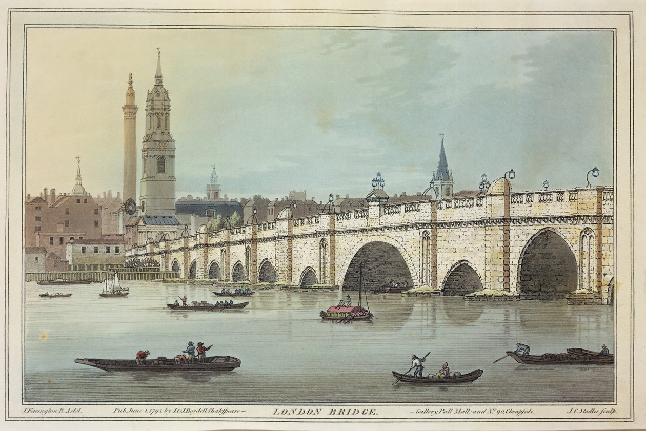 Az Old London Bridge látképe, J.C. Stadler (1780-1812) metszete, 1795 (színes akvatinta) alkotó: Joseph Farington