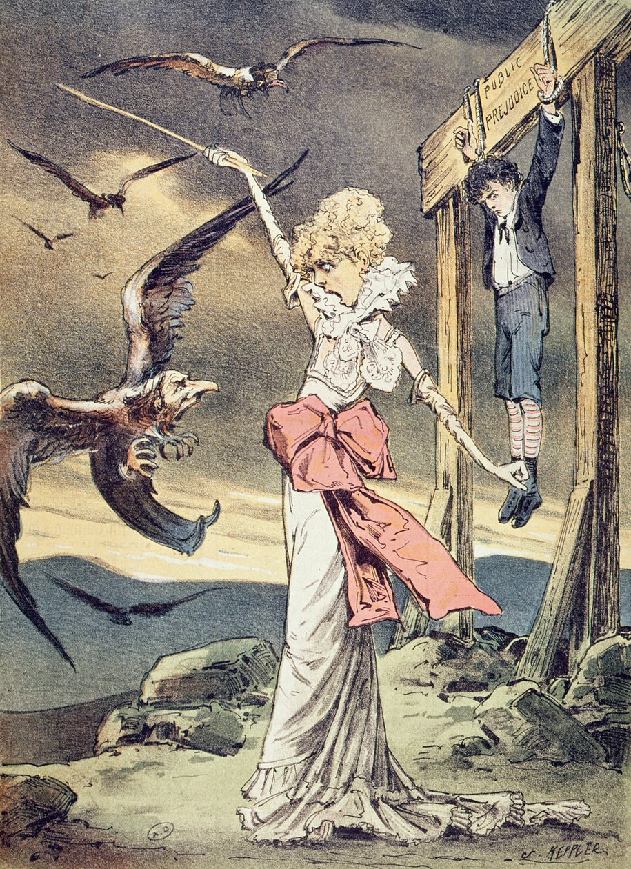 Karikatúra Sarah Bernhardtról, aki az ószövetségi hősnőt, Rizpát ábrázolja, amint fiát védi a katolikus egyház klerikális keselyűitől, illusztráció a "Puck" magazinból, 1880 decembere (színes). alkotó: Joseph Keppler