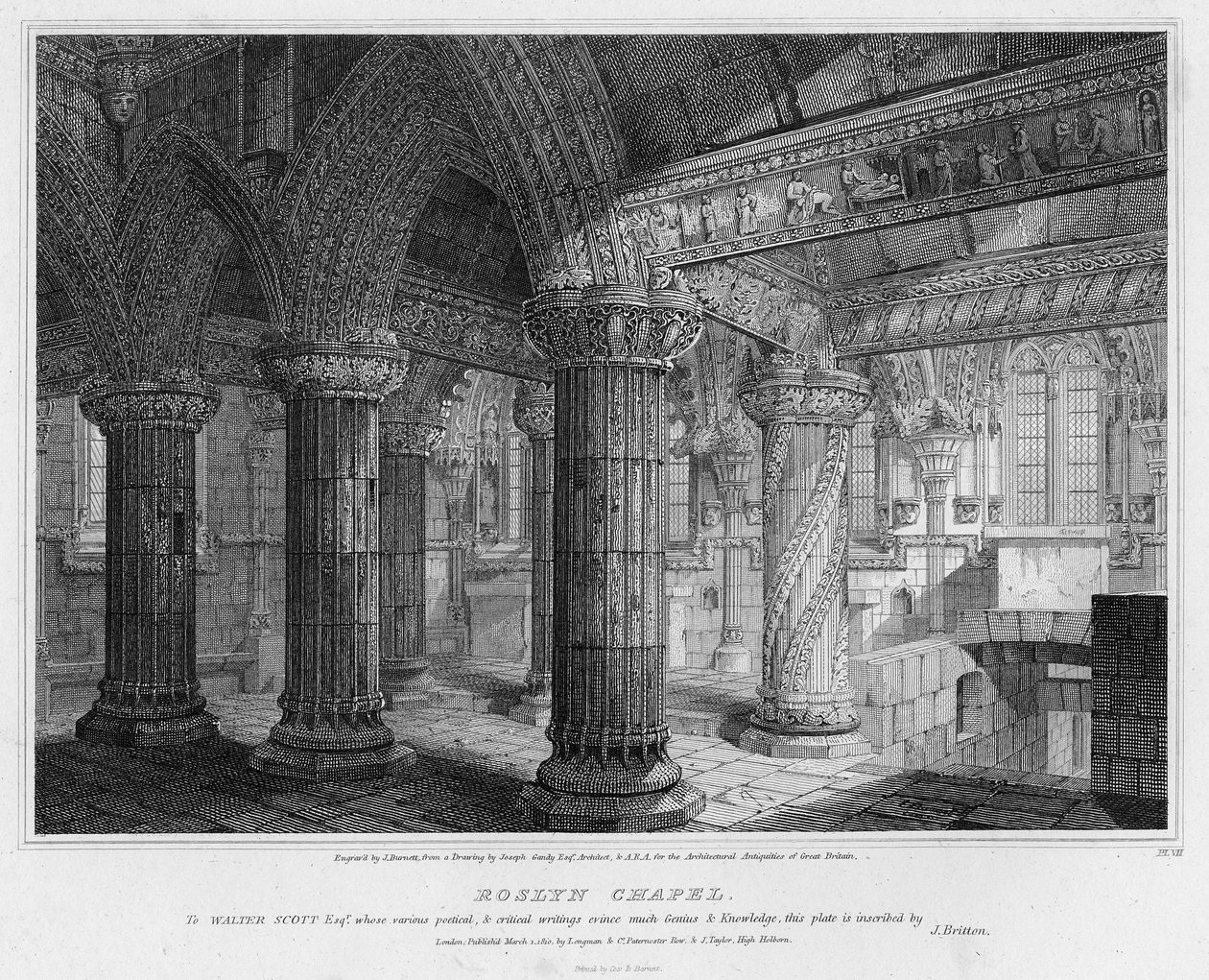Roslyn Chapel, J. Burnett metszete, 1810 alkotó: Joseph Michael Gandy