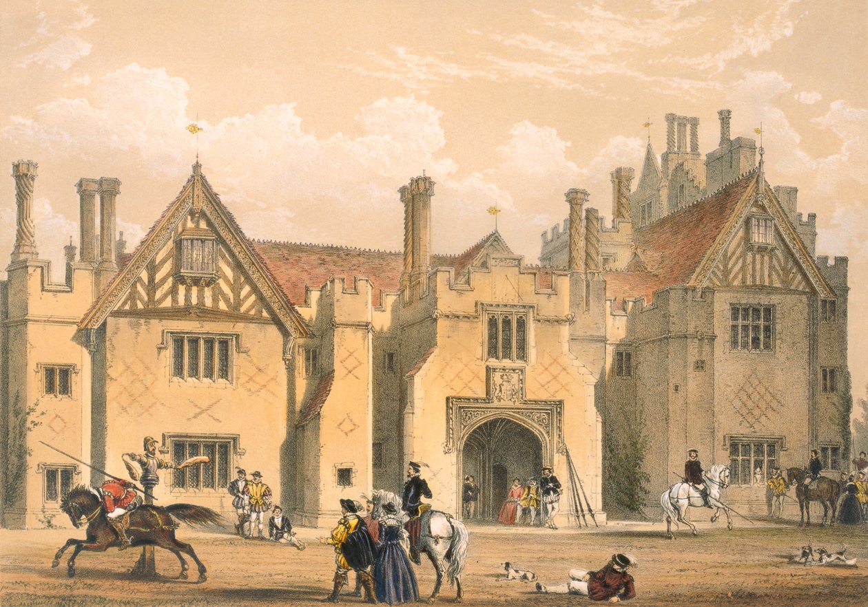 Joust gyakorlat, Compton Wynyates, Warwick, 1600-as évek közepe, a Középkor építészetéből, 1838-ban alkotó: Joseph Nash