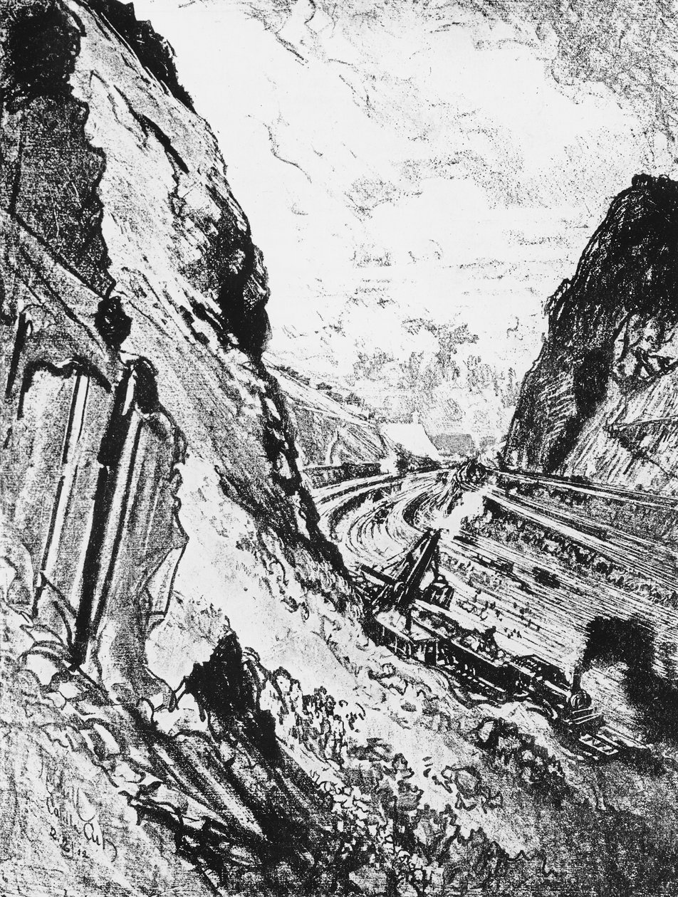 A Culebra felé néző vágás, XV. tábla a „The Panama Canal”-ból, Joseph Pennell, 1912 (szén papíron) alkotó: Joseph Pennell