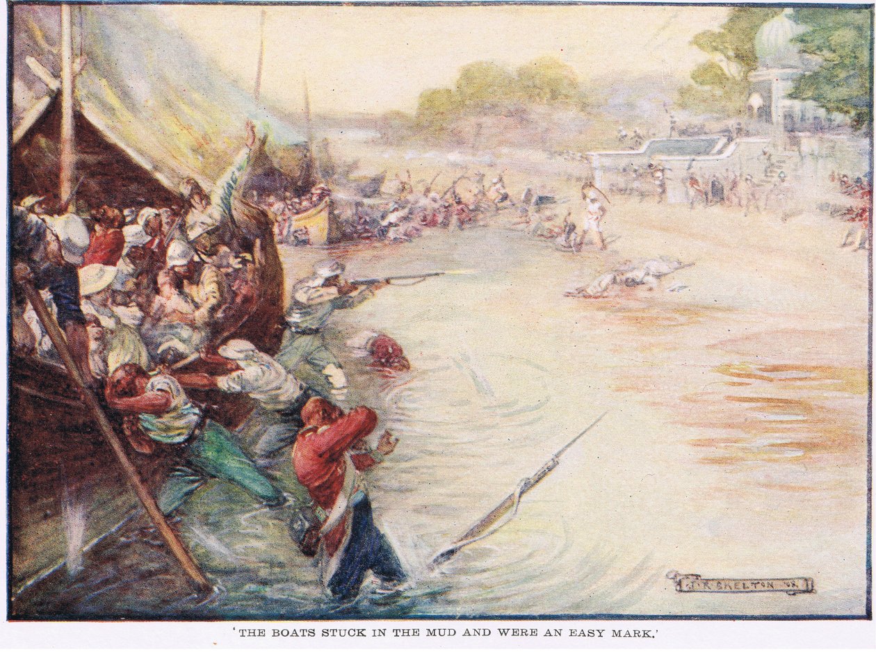A csónakok megakadtak a sárban, és könnyű célpontot jelentettek. alkotó: Joseph Ratcliffe Skelton