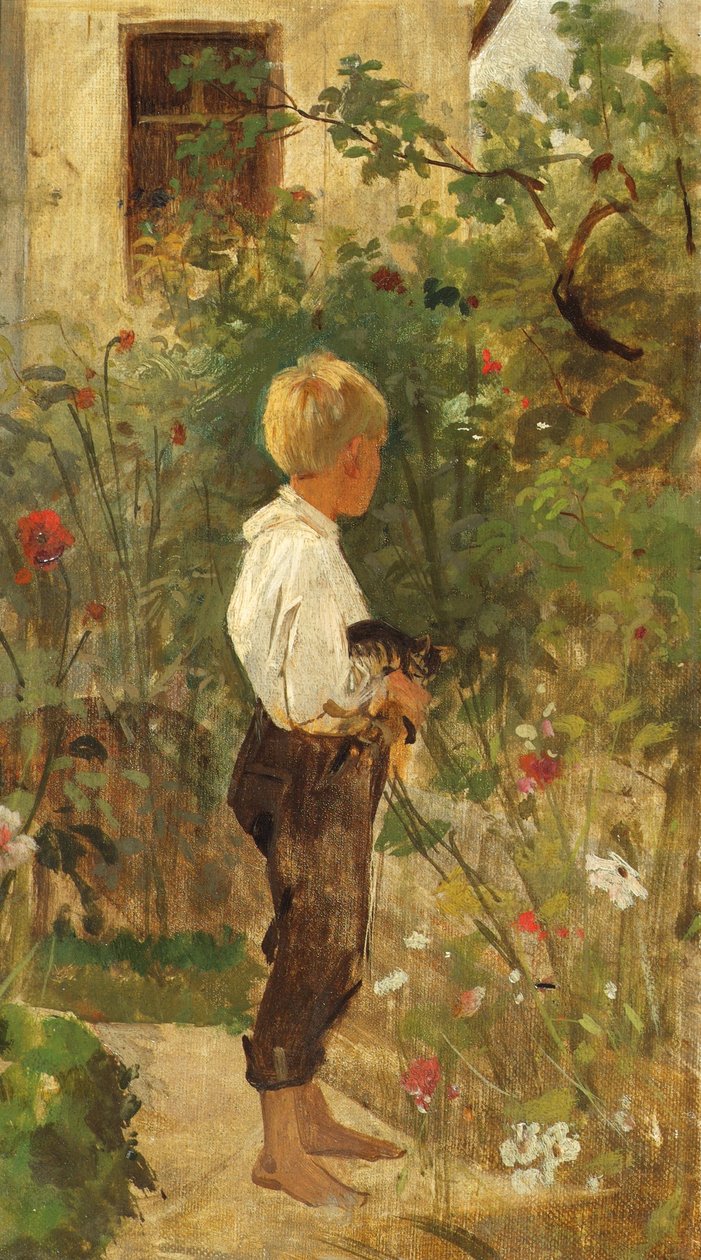 Fiú macskával a kertben alkotó: Joseph Hasslwander