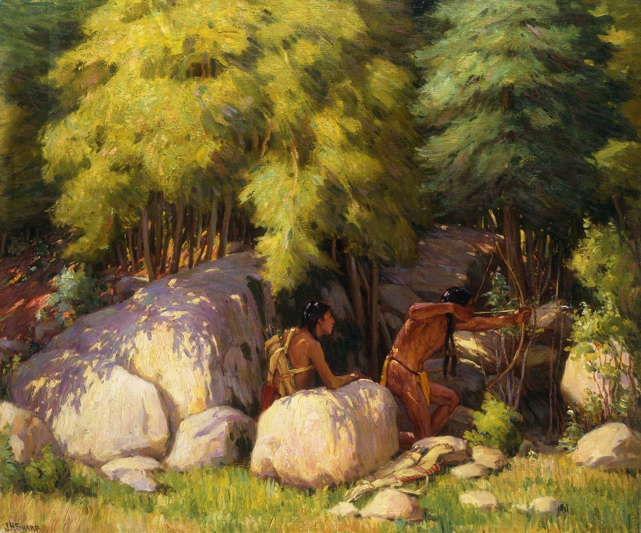 Indián vitézek vadásznak szarvasra alkotó: Joseph Henry Sharp