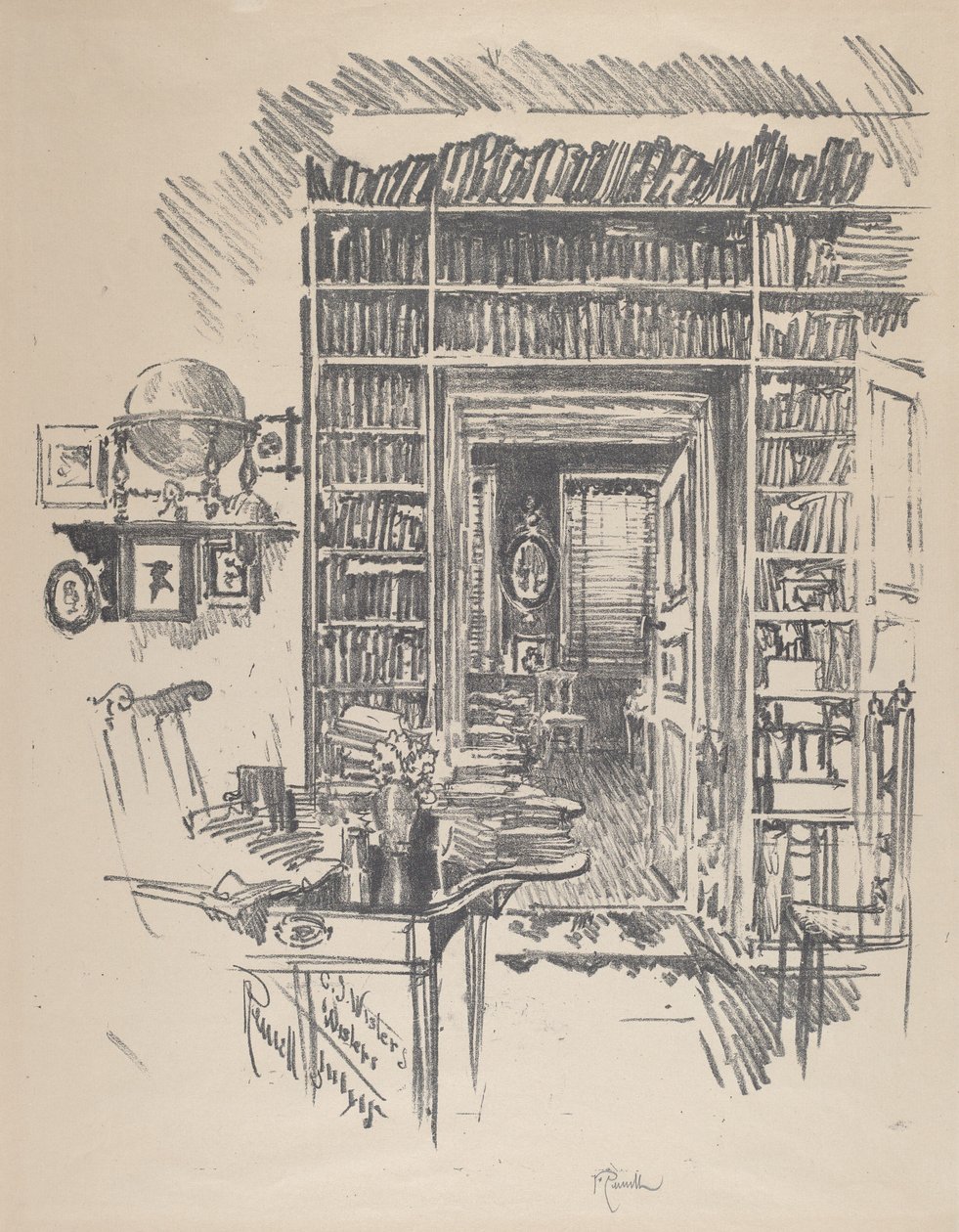 Könyvszoba Dr. Wisternél, 1912. alkotó: Joseph Pennell