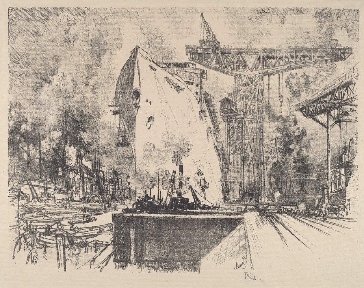 A Bismarck építése, Hamburg, 1914. alkotó: Joseph Pennell