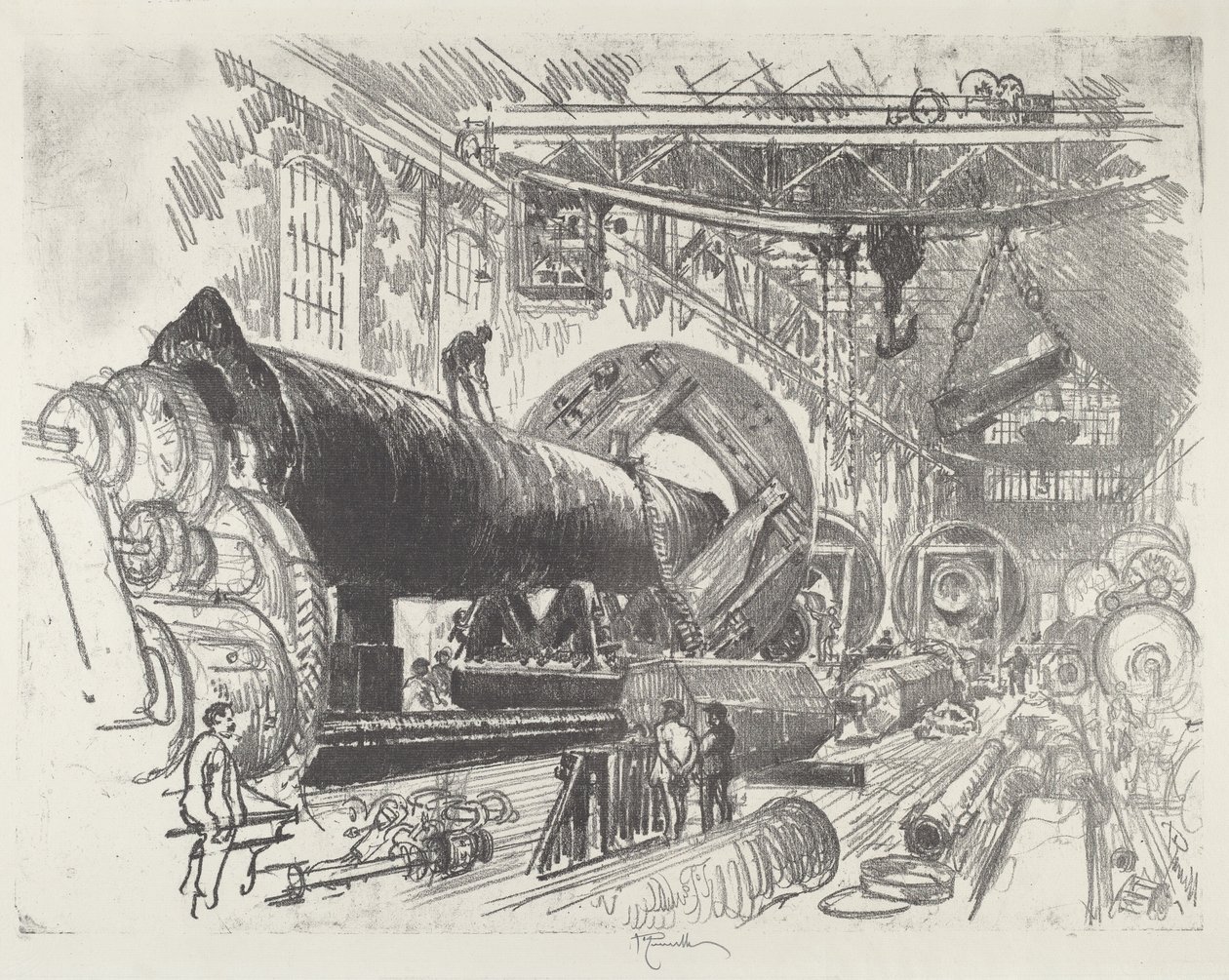 Egy nagy fegyver vágása és forgatása, 1916. alkotó: Joseph Pennell