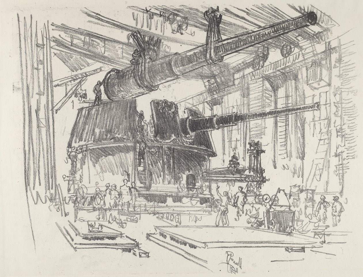 Fegyverek felszerelése tornyokra, 1916. alkotó: Joseph Pennell