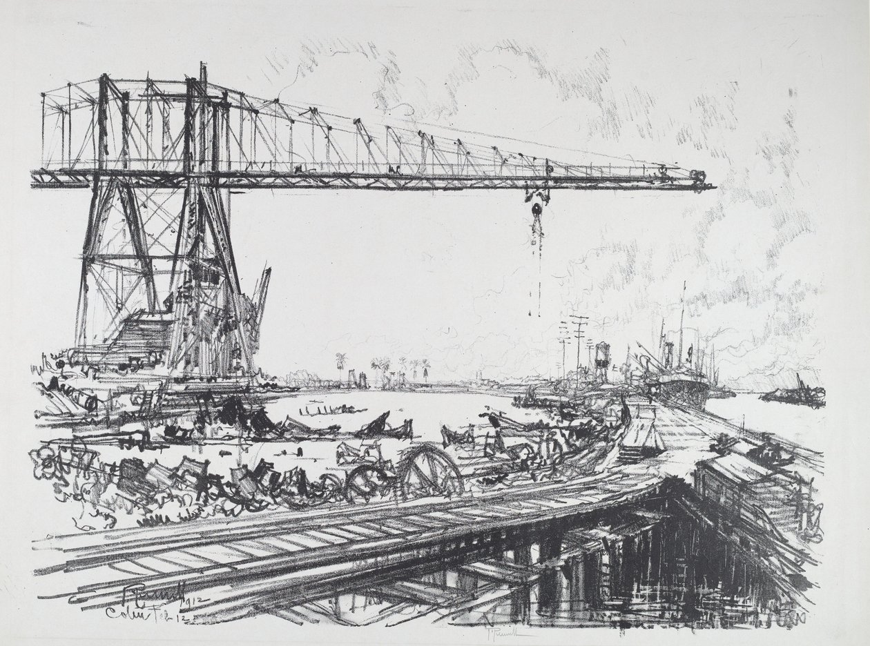 Francia csatorna és amerikai daruk, 1912. alkotó: Joseph Pennell