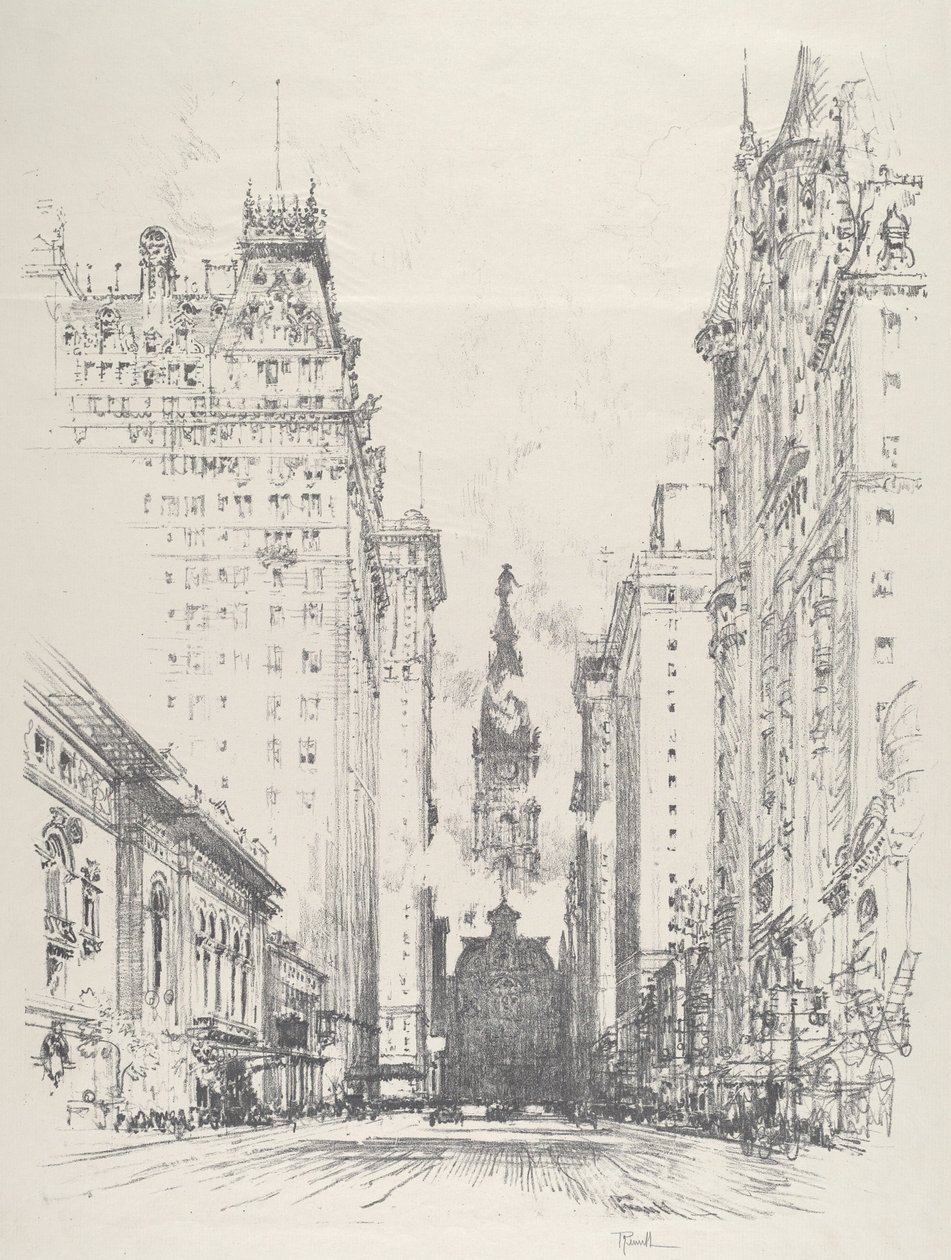 Felnézve a Broad Streetre a Spruce Street felől alkotó: Joseph Pennell