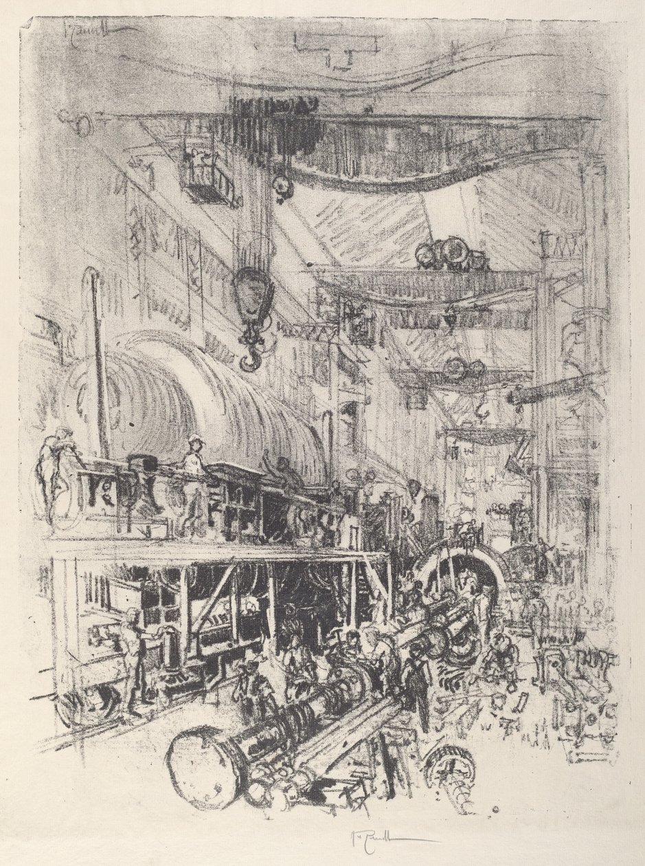 Turbinás motor készítése, 1917. alkotó: Joseph Pennell
