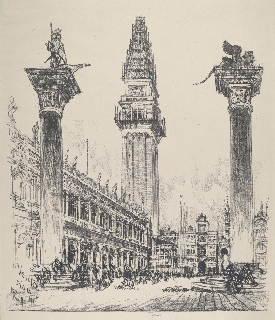 Velence, A Campanile újjáépítése, 1911. alkotó: Joseph Pennell